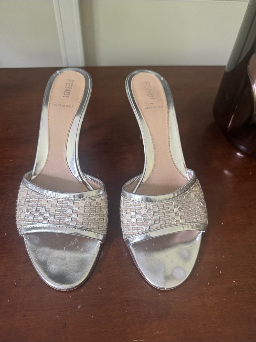 Fendi Metallic Silver Woven Slide Mules Size 38/8